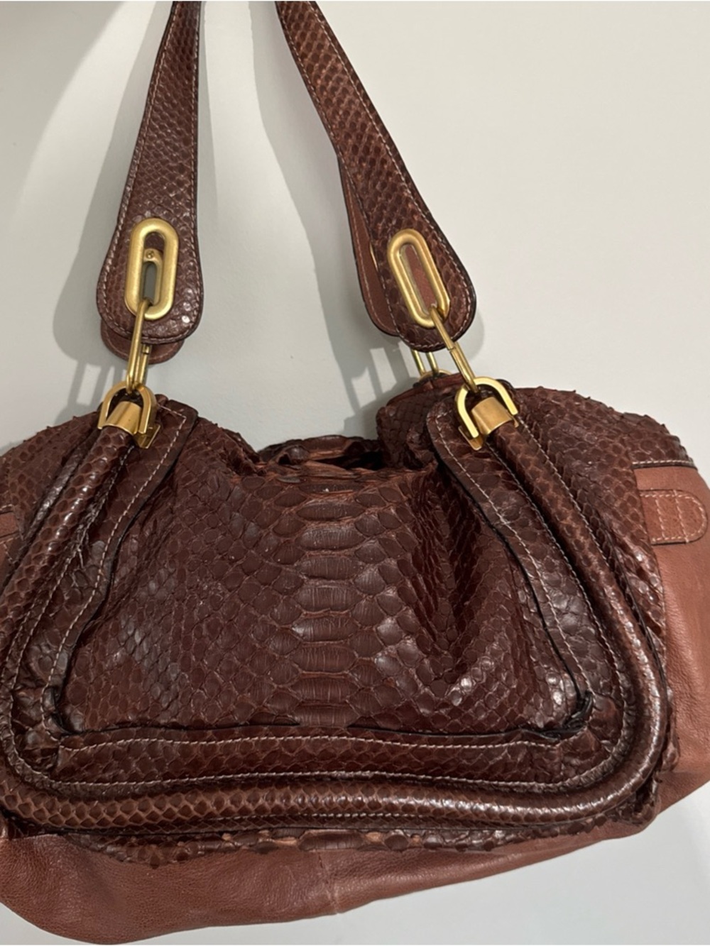 Chloe Brown Python-Textured Hobo with Gold Hardware